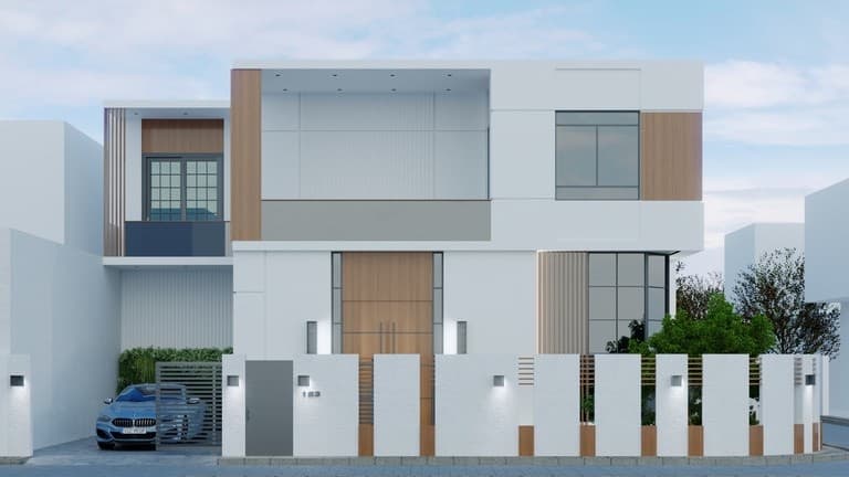 Daytime angled view of the duplex facade with timber accents