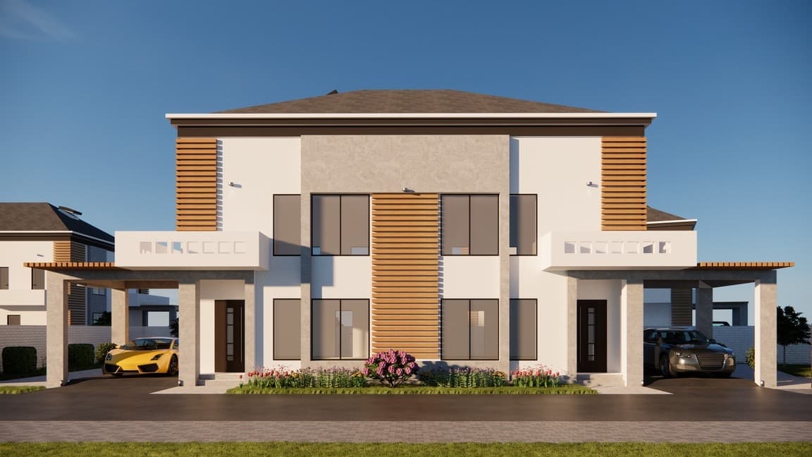 Daytime exterior render of the duplex facade with timber slat screens