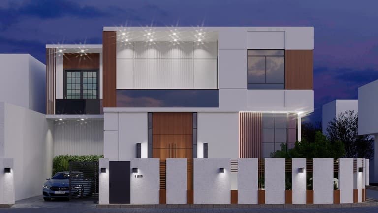 Entrance elevation with rhythmic fencing and integrated evening lighting
