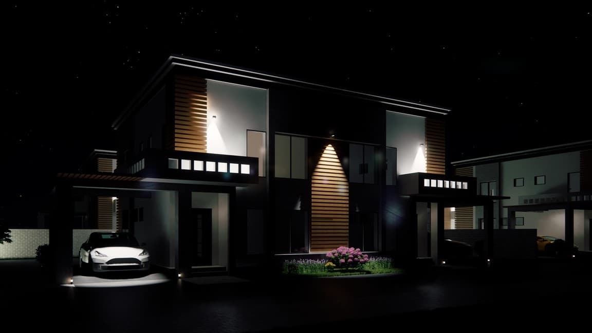 Night render of the full duplex row along the street
