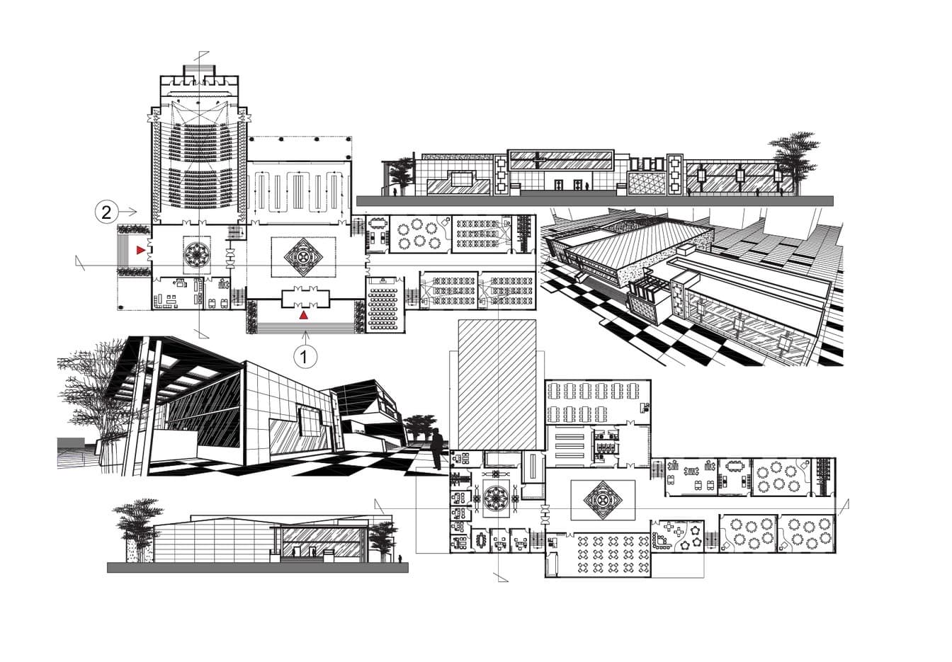 Architectural plans and perspective drawings for a contemporary theater