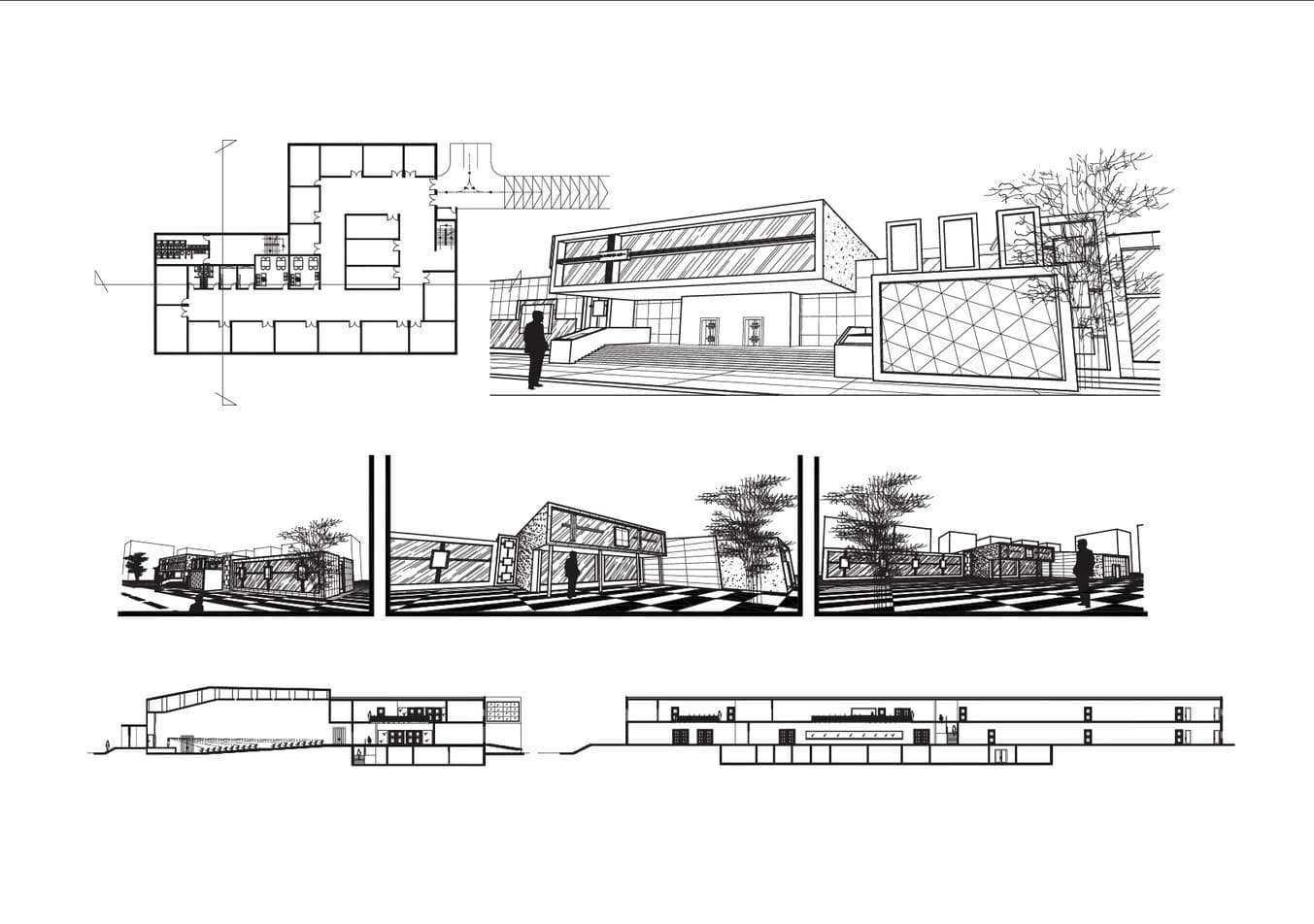 Architectural plans, elevations and perspective drawing for the Moscow shopping center project