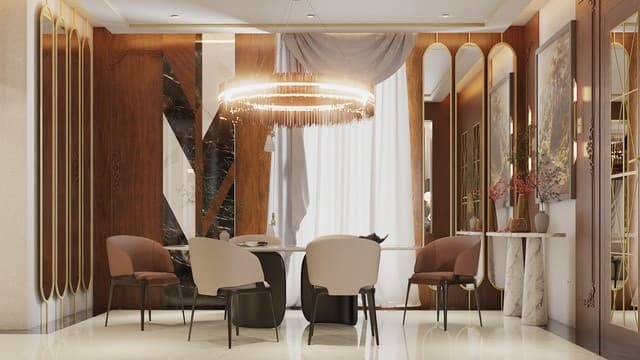 Dining area with marble and bronze detailing
