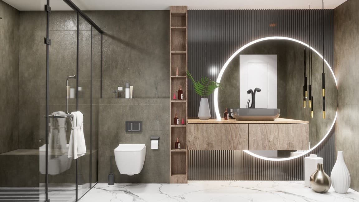 En-suite bathroom with stone and integrated ambient lighting