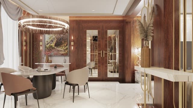 Foyer with mirrored doors and marble detailing