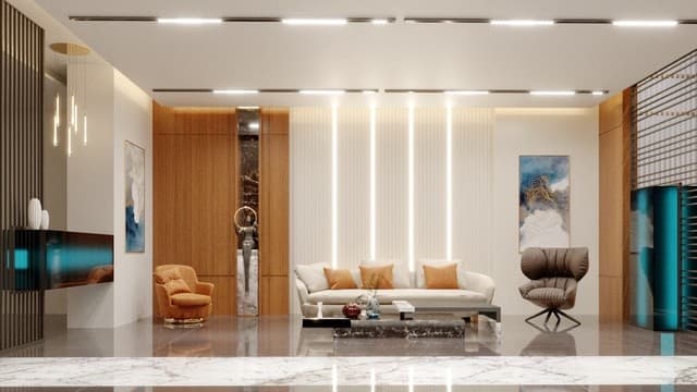 Interior corridor with marble, wood and bronze detailing