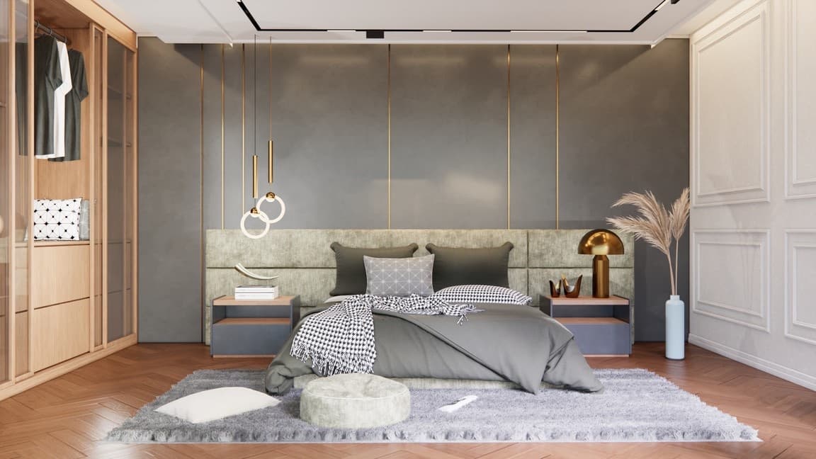 Bedroom suite with a calm grey and timber palette