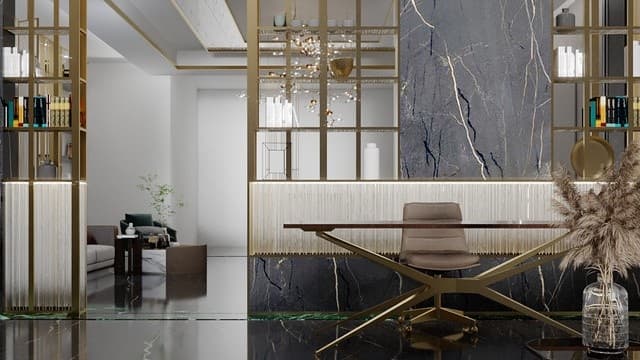 Contemporary office reception with glass partitions and dark marble