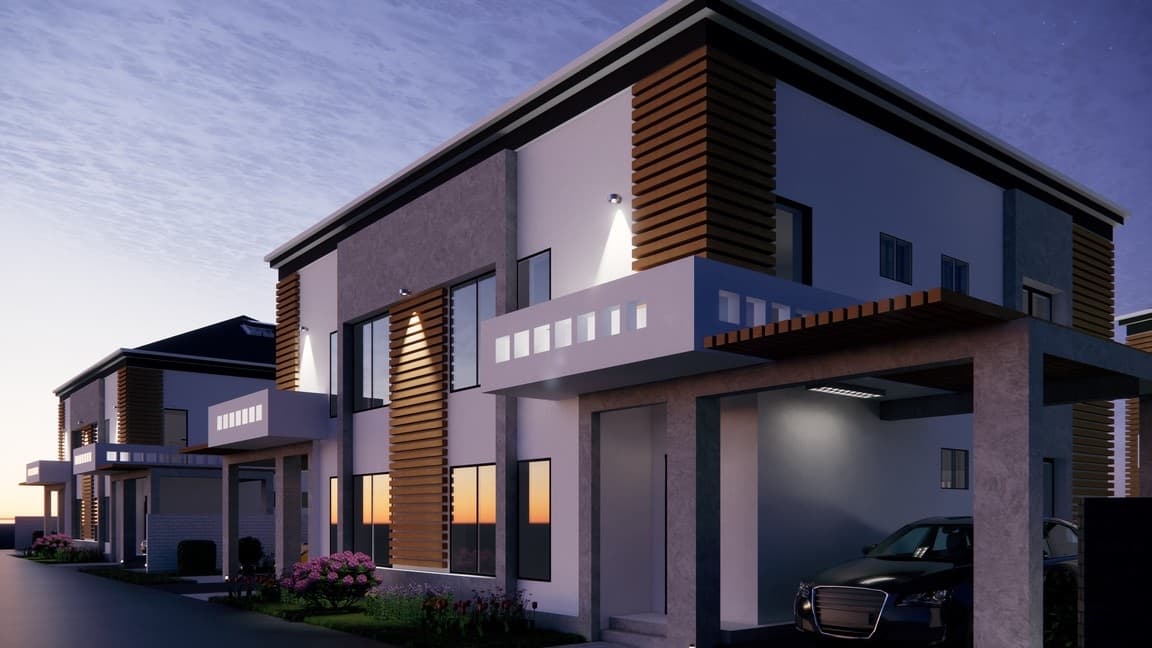 Exterior render of the Bucov duplex development at dusk, timber accents lit against a white render facade