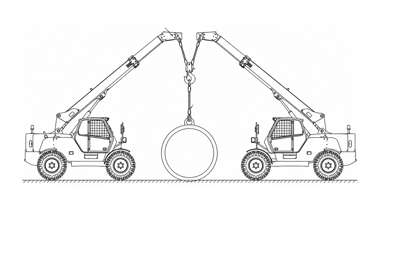 Technical lifting plan drawing showing a dual-telehandler tandem lift of a large pipe spool