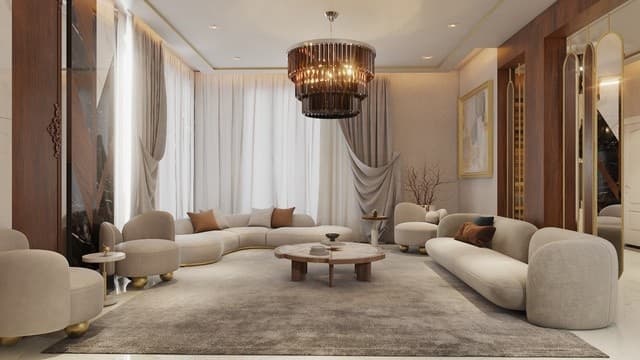 Open-plan living and dining space with warm timber panelling and a sculptural chandelier