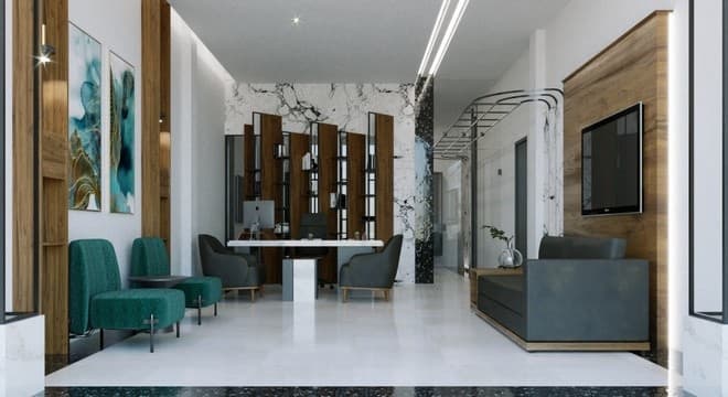 Collaborative office space with green upholstery and planting