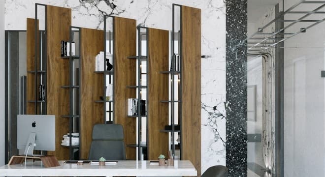Compact workspace with wood, marble and built-in storage