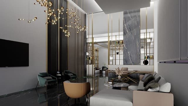 Office lounge seating area with a gold chandelier