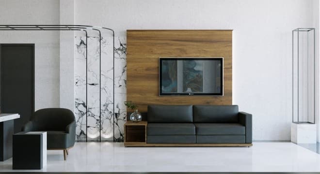 Compact office seating area with a timber media wall